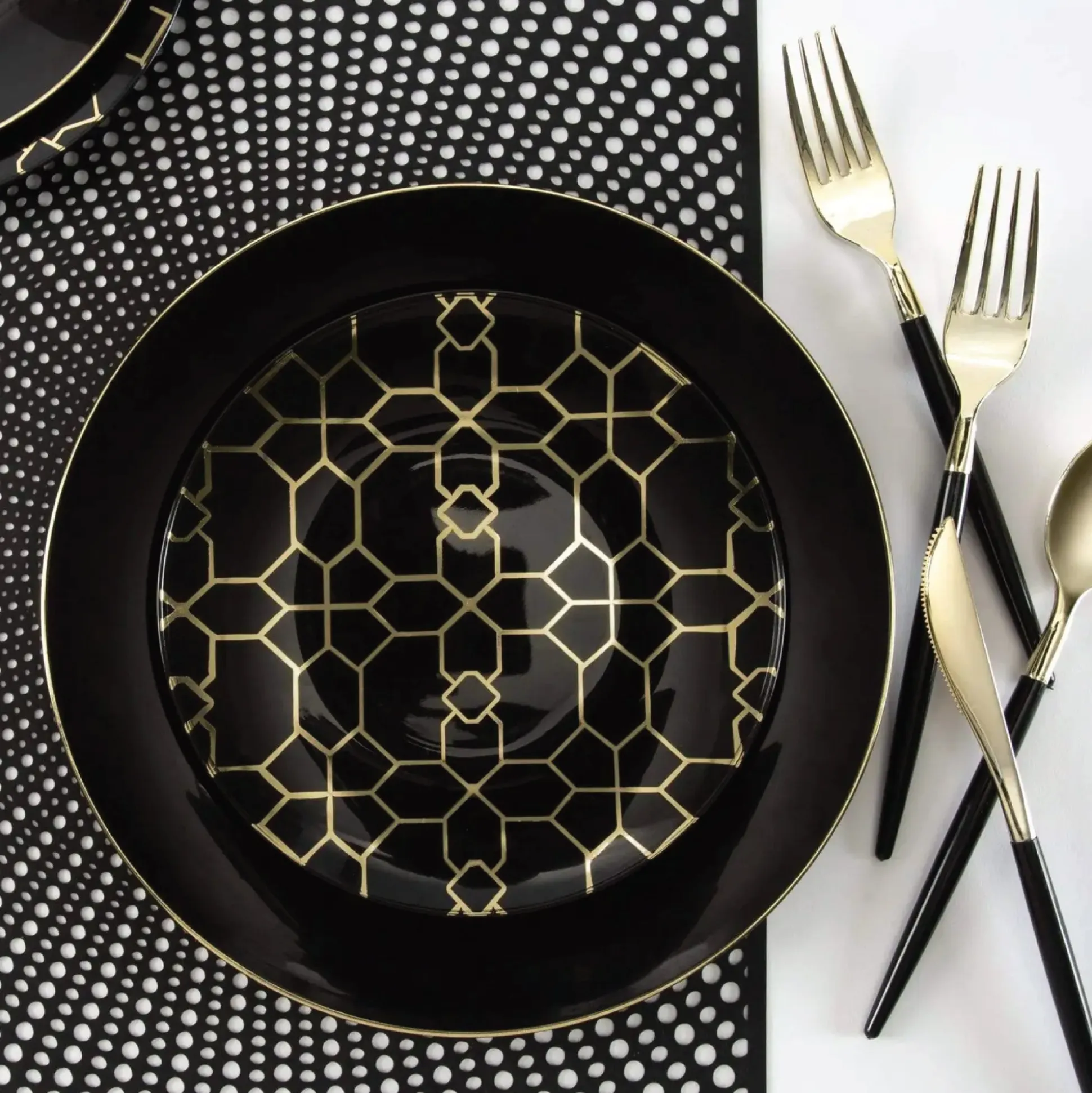 Black & Gold Geometric Pattern Plastic Dessert Plates 10ct