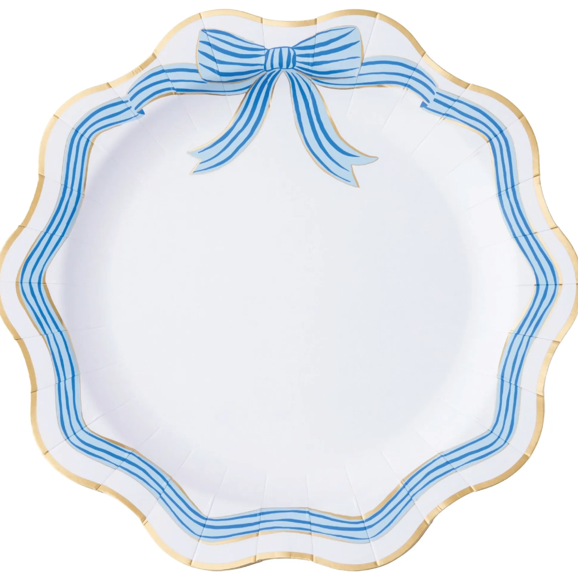 Blue & Gold Bow Scalloped Dinner Plates 8ct