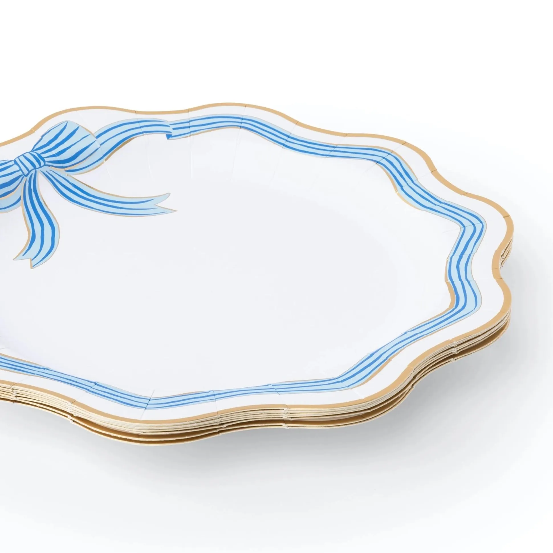 Blue & Gold Bow Scalloped Dinner Plates 8ct