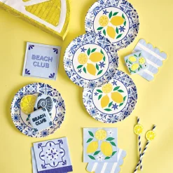 Blue & White Lemon Paper Straws 12ct
