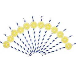 Blue & White Lemon Paper Straws 12ct