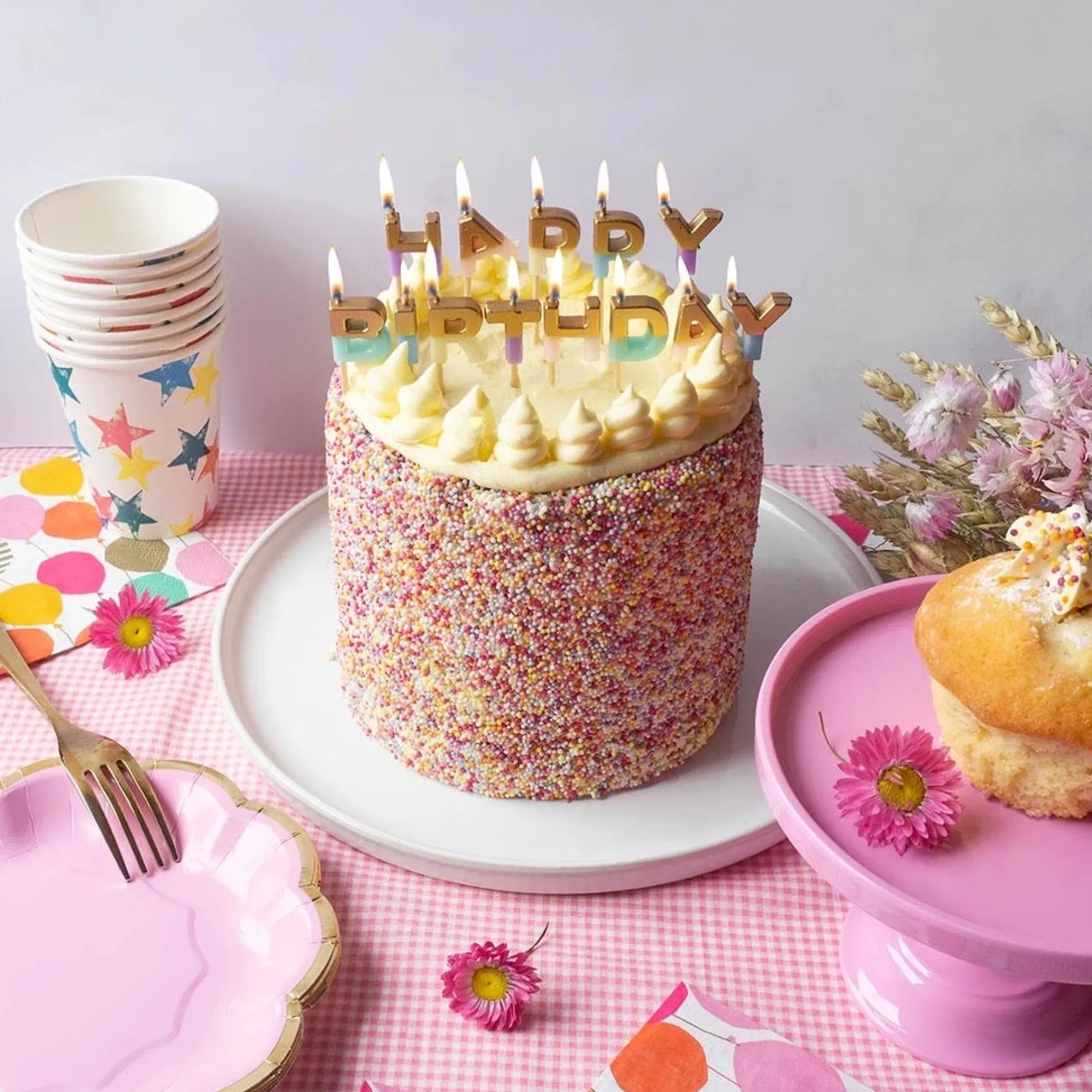Multicolor Pastel & Gold Happy Birthday Candle Set