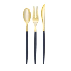 Navy & Gold Plastic Cutlery Set for 8