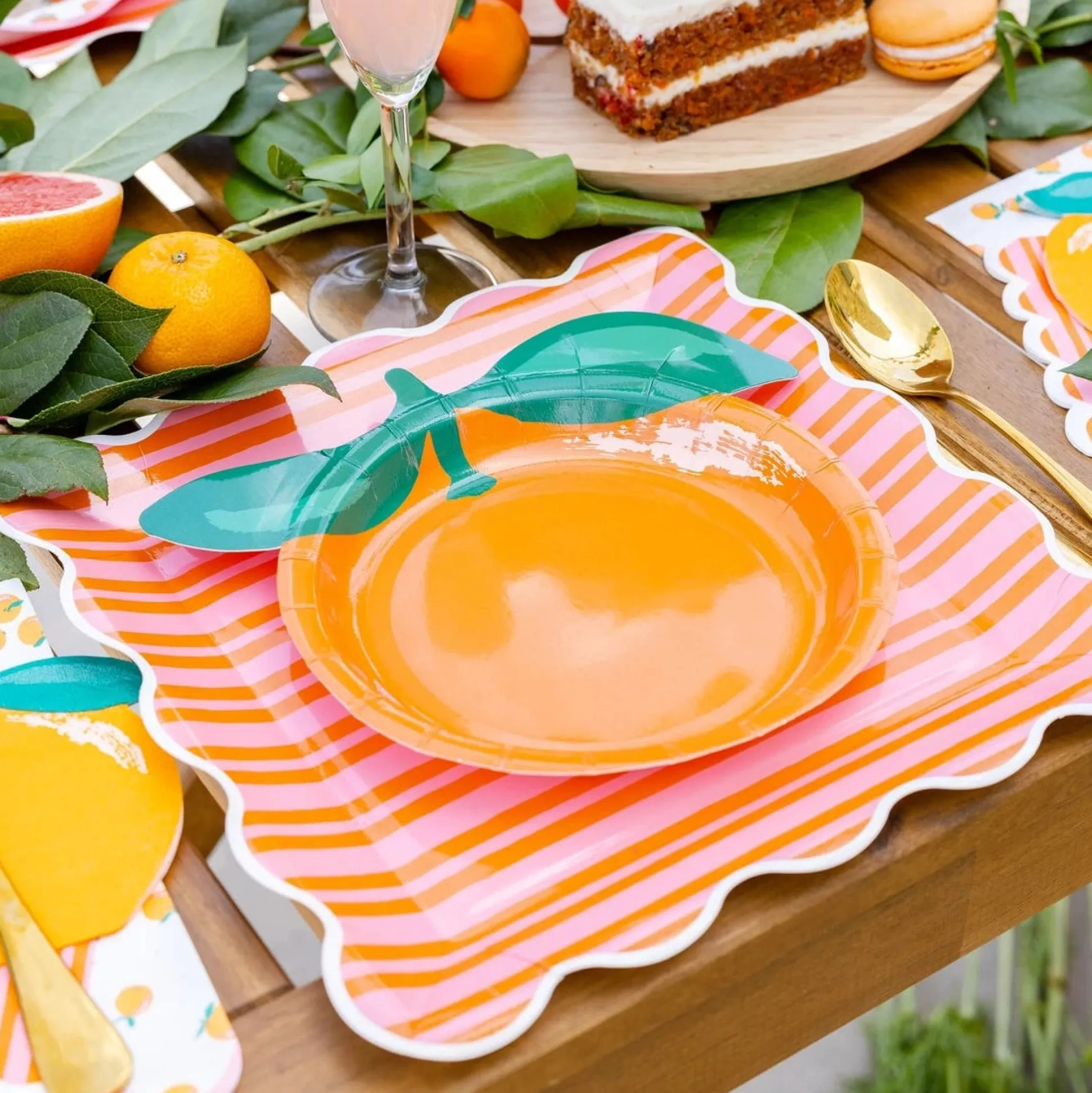 Orange & Pink Striped Scalloped Dinner Plates 8ct