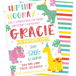 Pink Girl Dinosaur Birthday Party Invitation