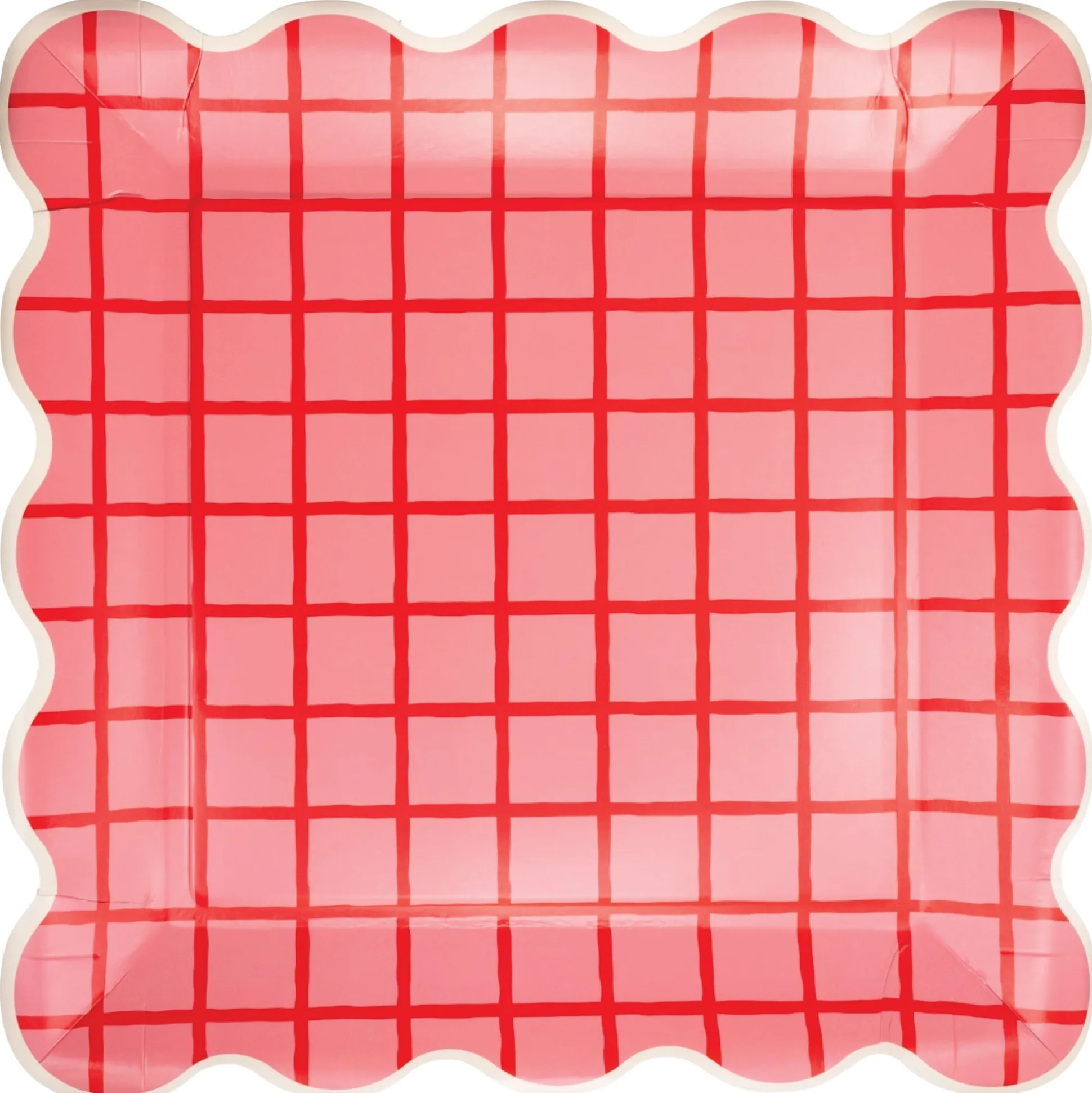 Red & Pink Grid Scalloped Square Plates 8ct