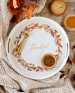 Thankful Wreath Round Bamboo Serving Tray