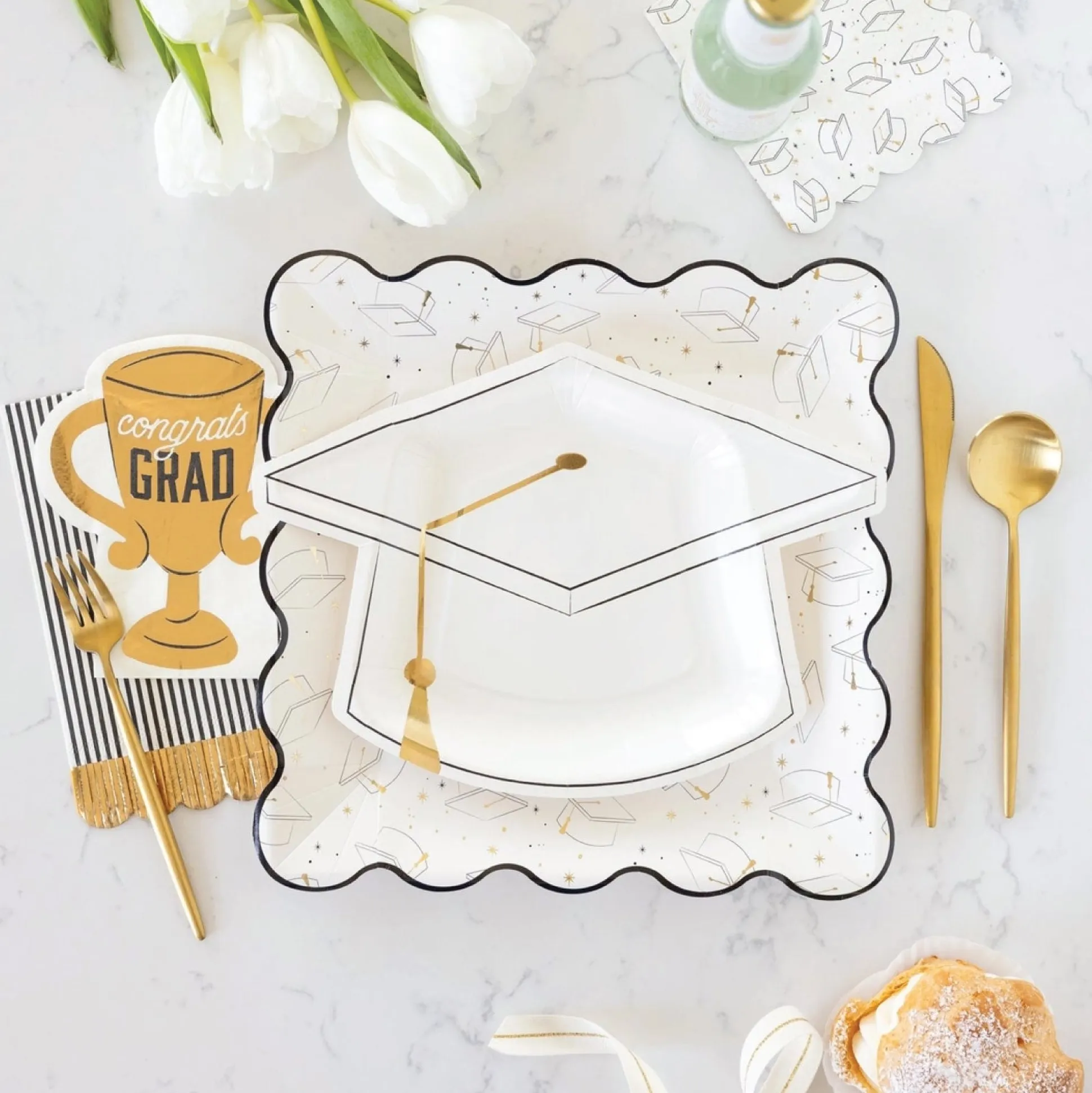 White Graduation Cap Shaped Dessert Plates 8ct