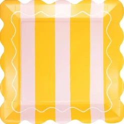Yellow & Pink Striped Scalloped Dinner Plates 8ct